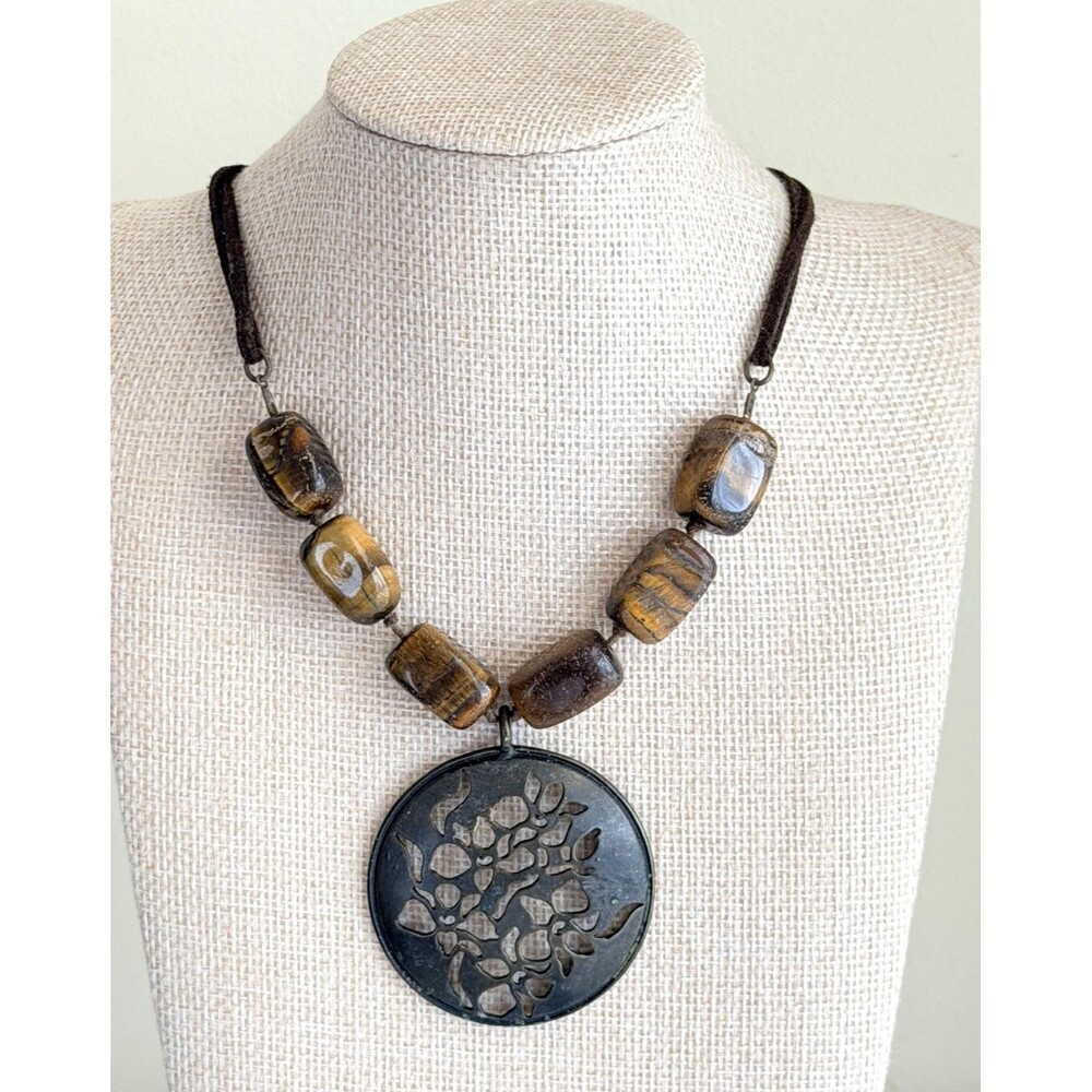Vintage Avon Tiger's Eye Bead Statement Necklace Bronze Filigree Pendant Boho